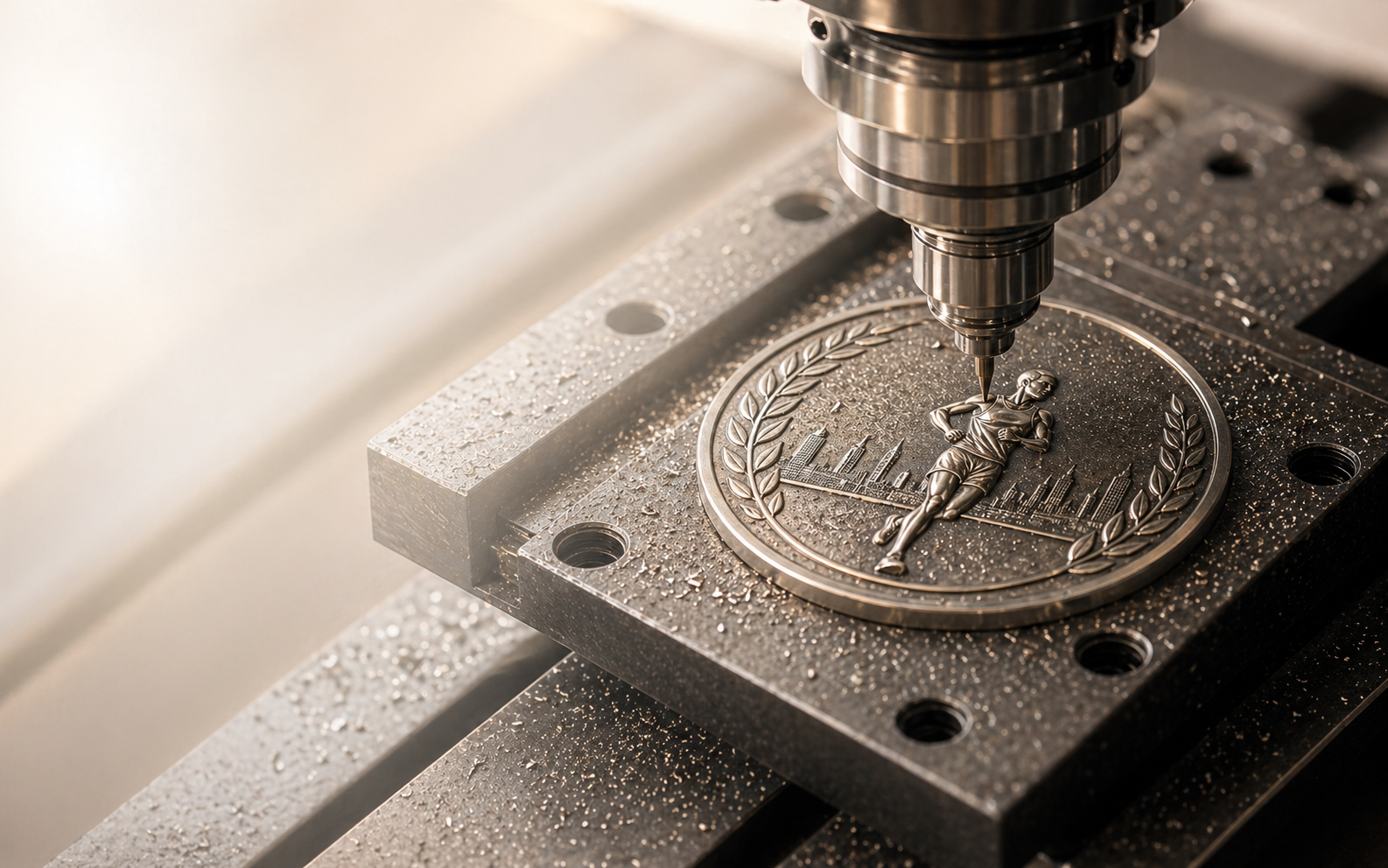 Precision metal medal engraving in production